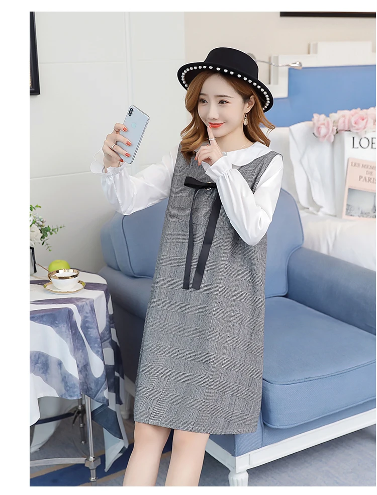 6596# 2PCS/Set Autumn Korean Fashion Maternity Dress Sweet Lovely Straight Loose Clothes for Pregnant Women Fall Pregnancy