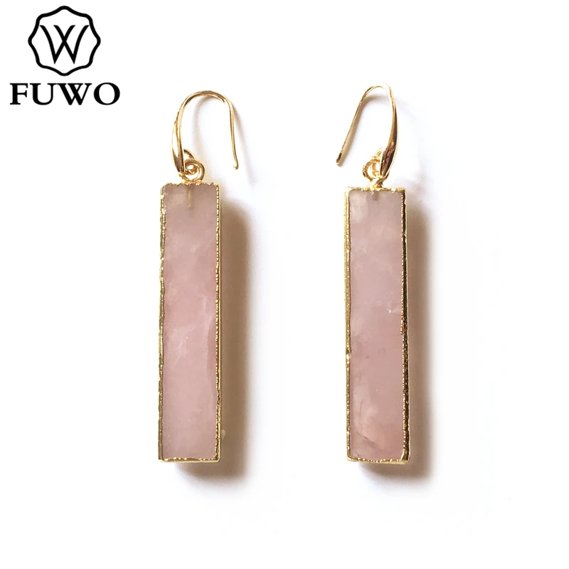 Модные геометрические прямоугольные серьги FUWO из розового кварца с золотым покрытием, нежные серьги с натуральным розовым камнем для женщи...