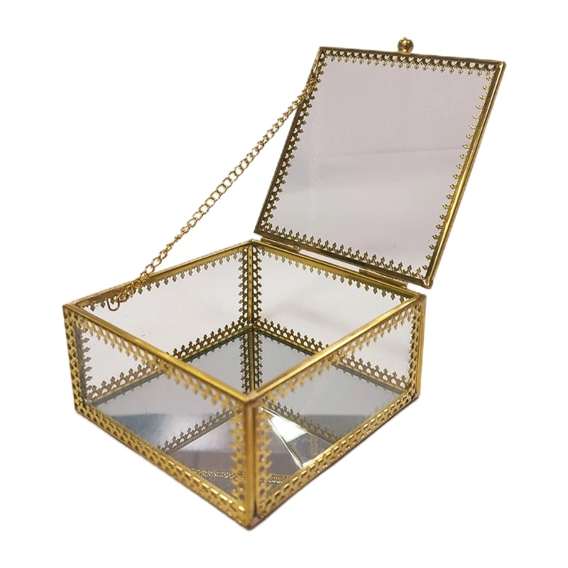

Square Gold Brass Glass Jewelry Trinket Box Lace Jewelry Display Organizer