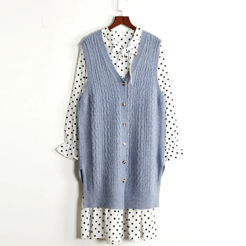 Women Autumn Suit Fashion Sunny Knit Vest and Dress Set Sleeveless Sweater Polka Two Piece Sets Fall Vintage 2 |