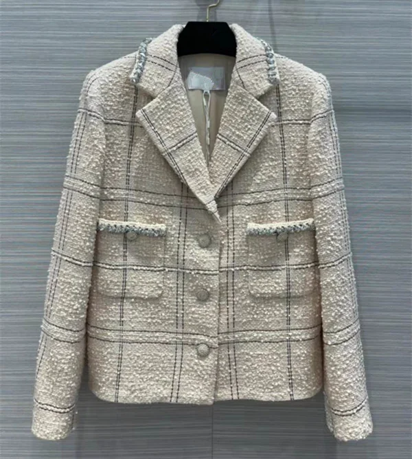 

Женская одежда в европейском и американском стиле, Новинка осени 2022, однобортное модное розовое твидовое пальто с длинным рукавом и воротни...