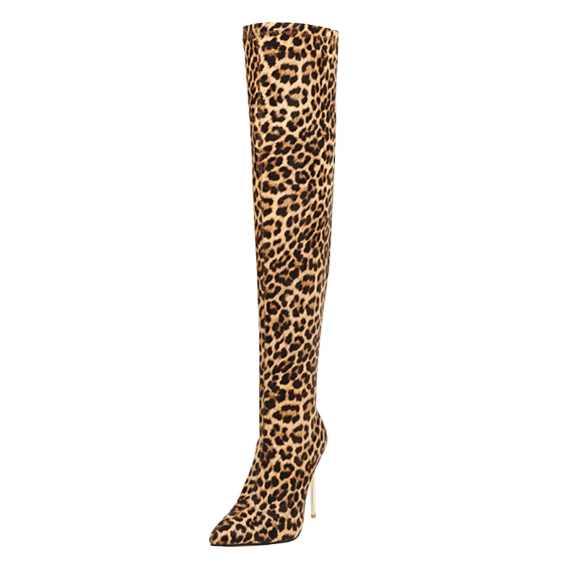 

Women Thin Stiletto High Heels Boots Female Fashion Leopard High Heel Shoes Women's Over The Knee Boots Winter Sexy Long Boot