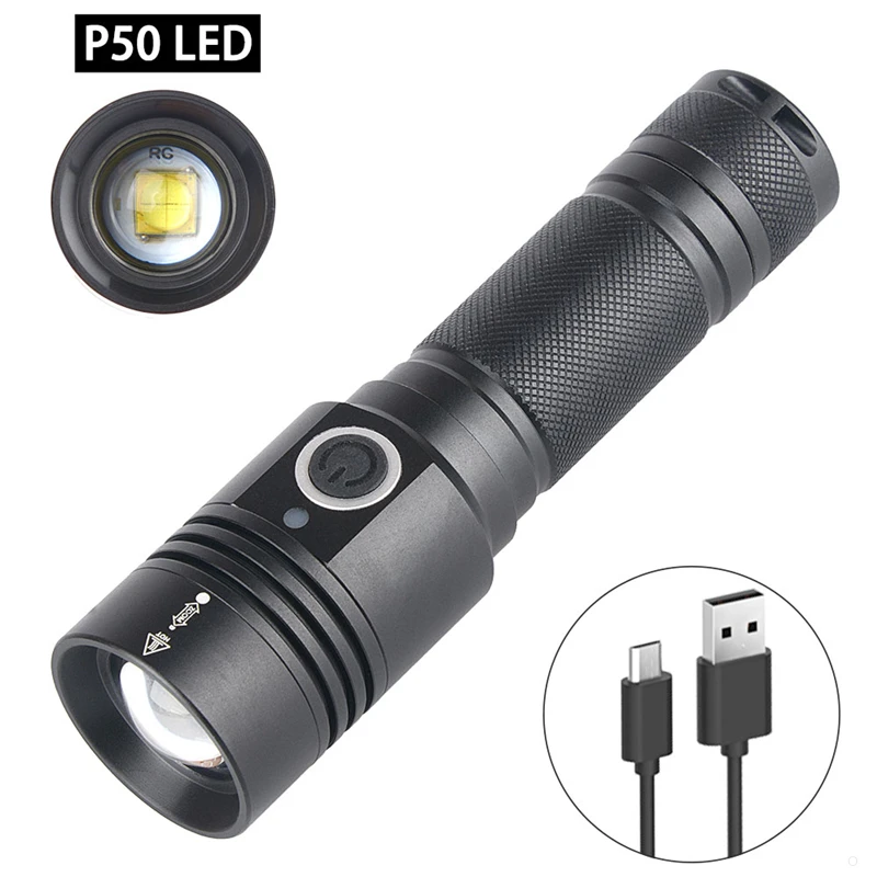 

2020 hot! P50 rechargeable 18650 flashlight 3 switch modes zoomable rescuing searching patrolling torch flash light