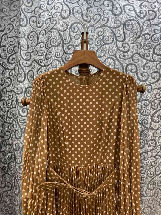 Высокое качество, новинка, Осеннее длинное платье для женщин, с круглым вырезом, в горошек, с принтом, с поясом, в стиле пэчворк, с длинным рукавом, плиссированное, Длинные вечерние платья макси