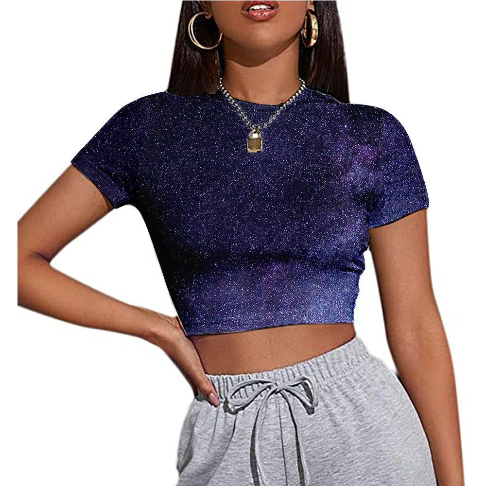 

Star pattern summer women's cross-border short-sleeved pullover slim sexy navel T-shirt