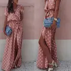 Женское длинное платье в горошек, розовое волнистое Платье макси с V-образным вырезом и разрезом