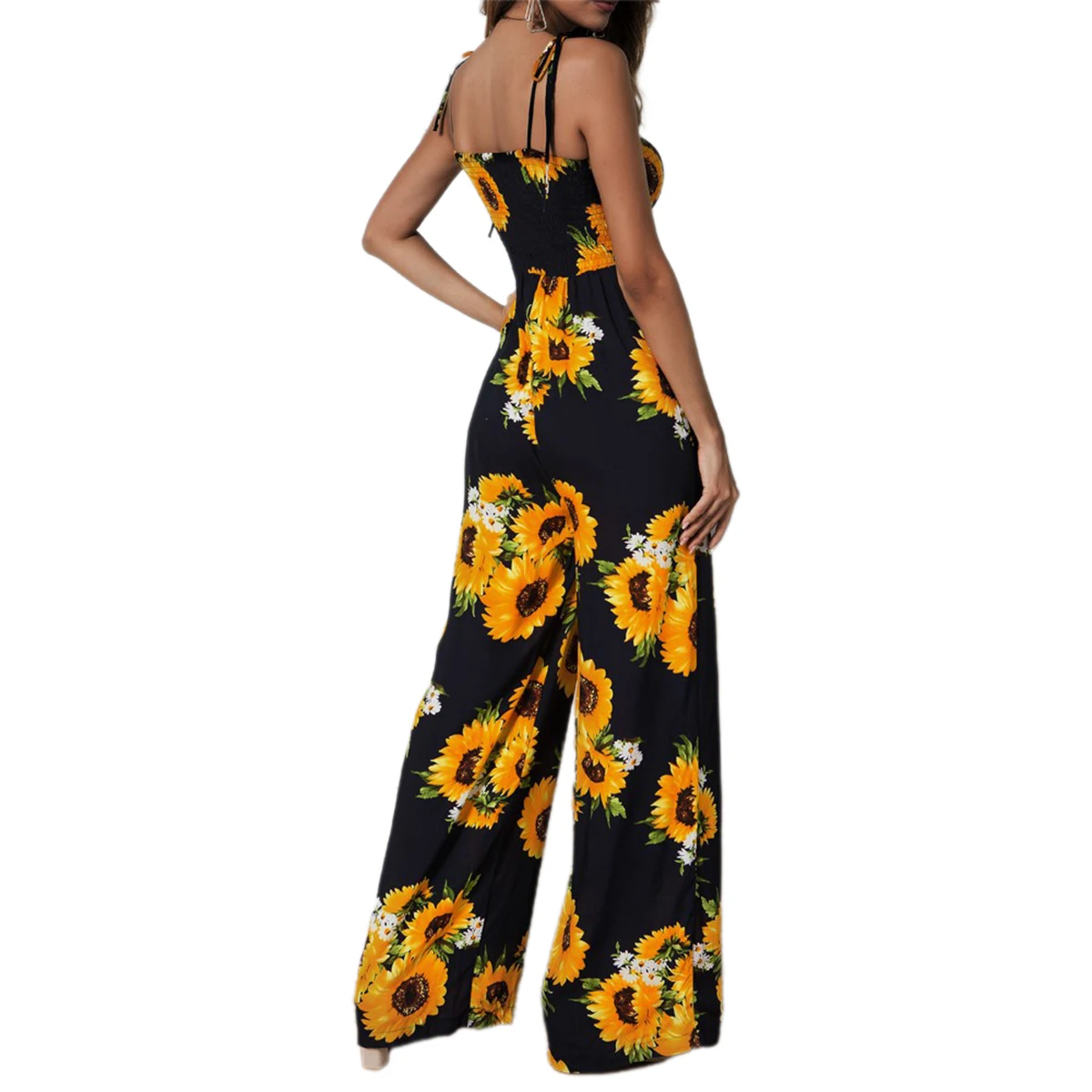 

2020 New Women Fashion Sunflower Print Jumpsuit Stylish Sleeveless Slim Wide Leg Pants Jumpsuit