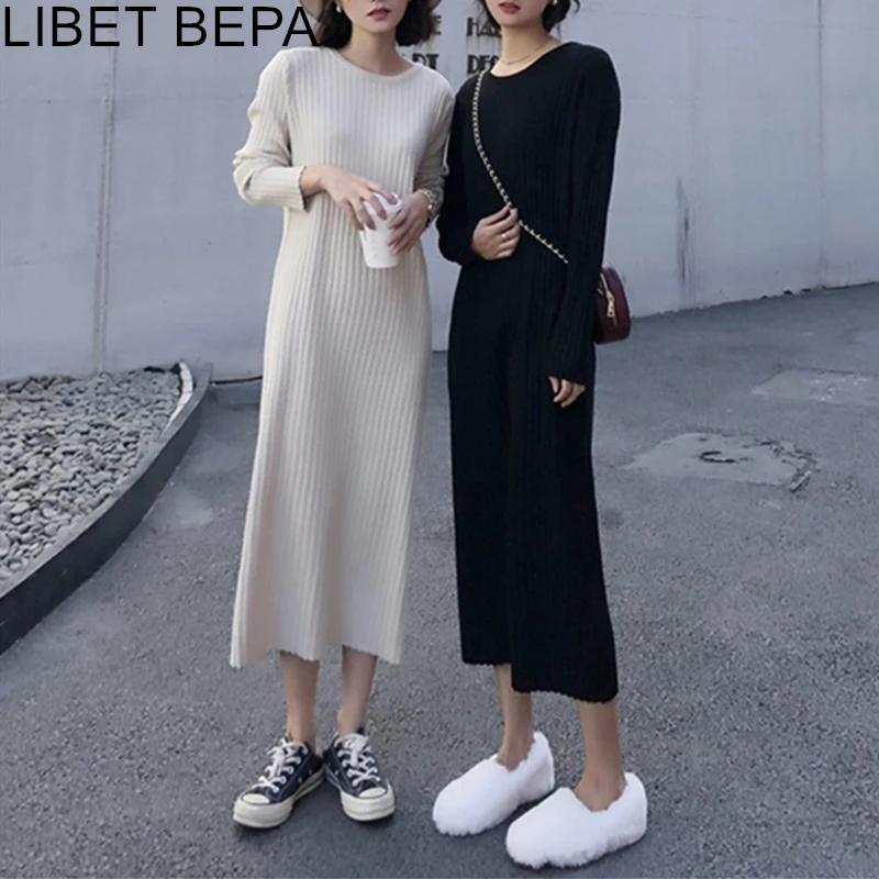 

2021 New Autumn Winter Women Knitting Dress Basic Bottoming Oversize Casual Fashionable Warm Korean Style Long Dresses DR4638