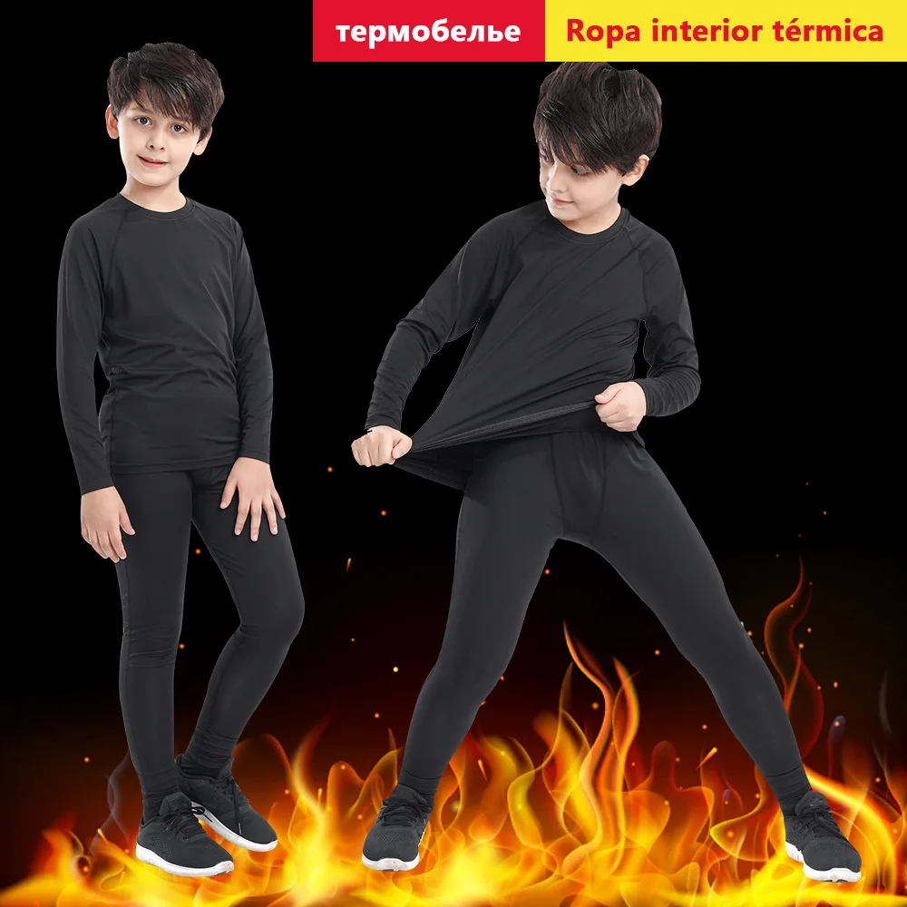 Polyester+Spandex Children's Sports Suits Outdoor Fitness Basketball Base Velvet Thermal Underwear Boy Running Training Suit
