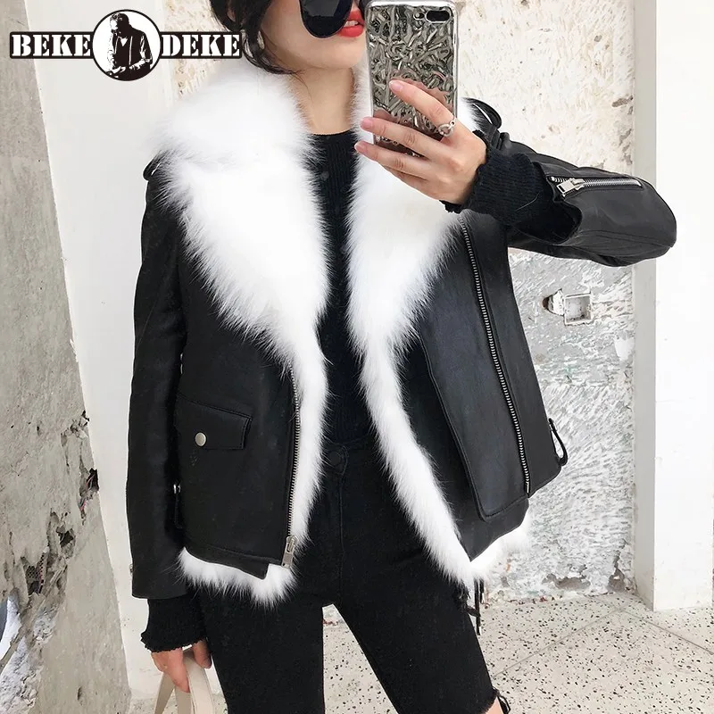 

Luxury Designer Real Fur Sheepskin Jacket Women Winter 2020 Real Fox Fur Liner Genuine Leather Biker Short Coat Office Outwear