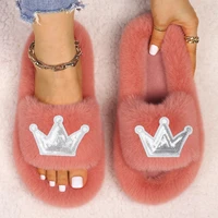 fluffy slippers women home flip flops furry shoes bling crown decor fashion sandals ladies winter luxury designer slippers 2021