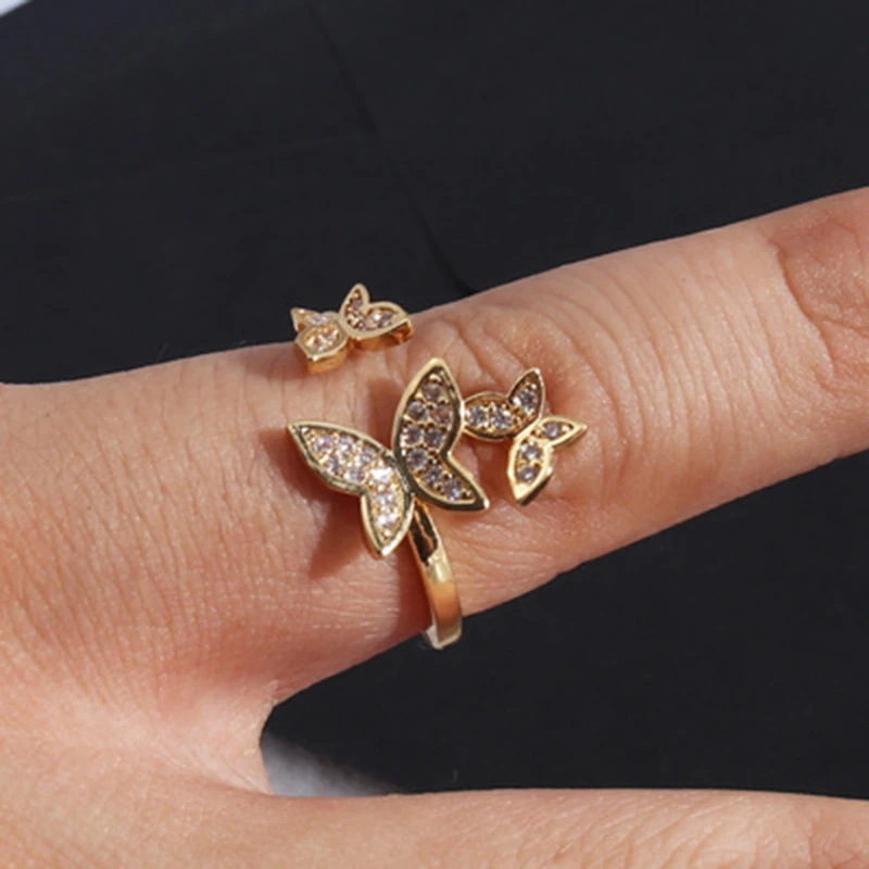 

Luxury Butterfly Open Adjustable Rings for Women Full Crystal Wedding Rings Rose Gold Finger Ring Jewelry Engagement Ring