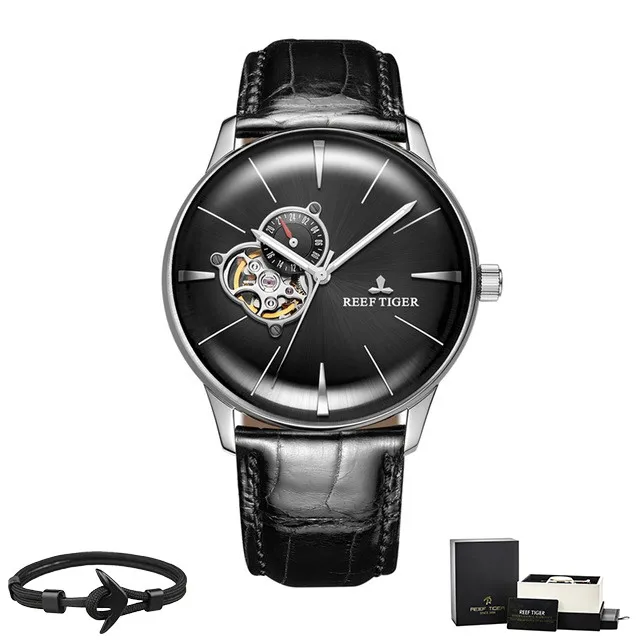 Reef Tiger бренд Tourbillon черный циферблат водонепроницаемые автоматические часы Топ Механические Роскошный кожаный ремешок мужские часы reloj hombre - Цвет: RGA8239-YBB Box Gift