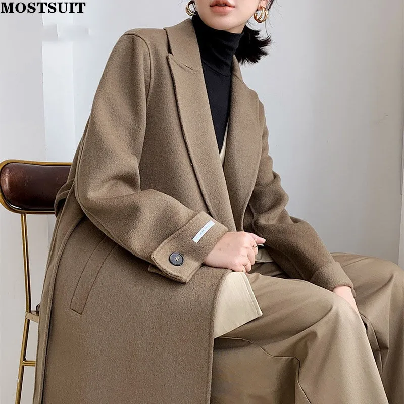 

Wool & Blends Long Coat Women Full Sleeve Lace-up Belted Overcoat Vintage Elegant Solid Loose Ladies Outwear