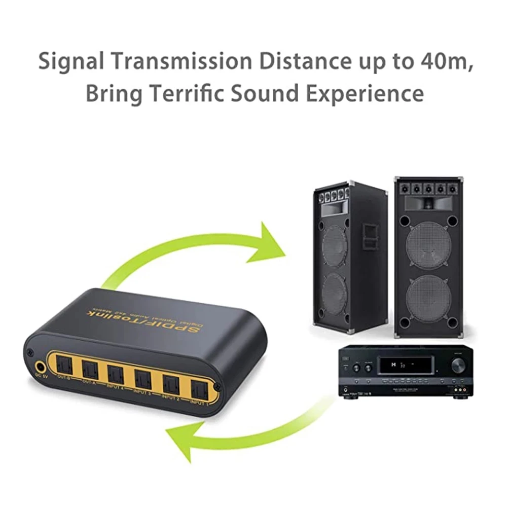 SPDIF Toslink Splitter 4 Ports 4x2 Toslink Digital Optical Audio Switcher Matrix 4 In 2 Out with Optical Cable and IR Remote