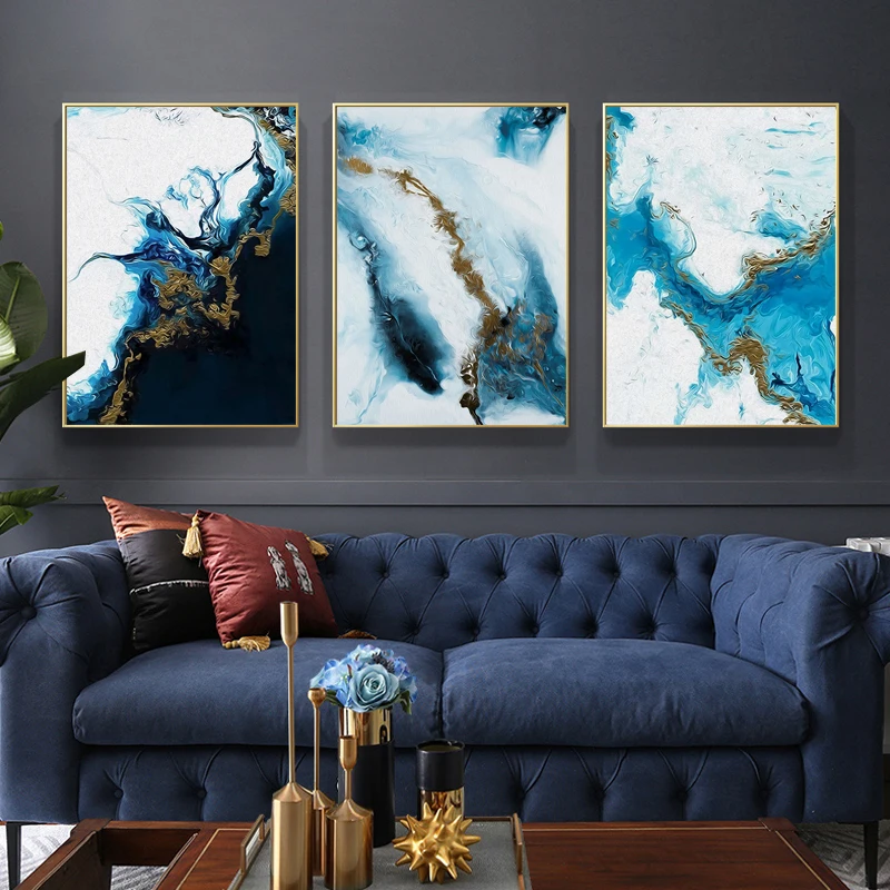 

Nordic Abstract Blue Golden Canvas Painting Color Spalsh Poster and Print Unique Decor Wall Art Pictures for Living Room Bedroom