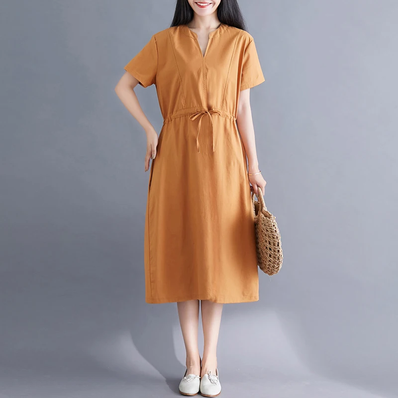 

cotton and linen women dresses 2020 summer new v-neck short-sleeved slim high waist knee-length lady dresses