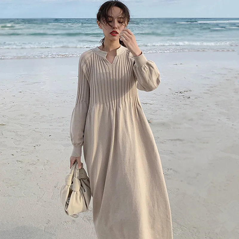 Ретро ФРАНЦУЗСКИЙ ШИК V образным вырезом длинное вязаное платье для женщин осень