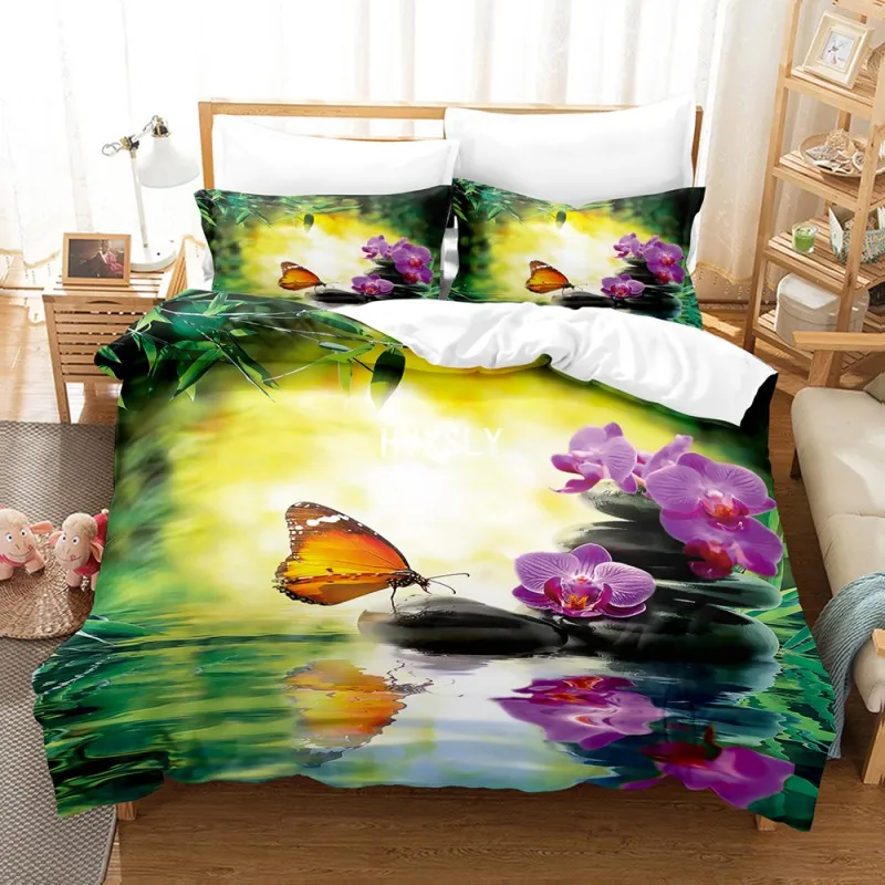 Комплект постельного белья с фиолетовыми бабочками и цветами фантастический