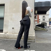 2021 autumn and winter new womens casual high waisted micro flared trousers with flap and hip trousers pants for women pants