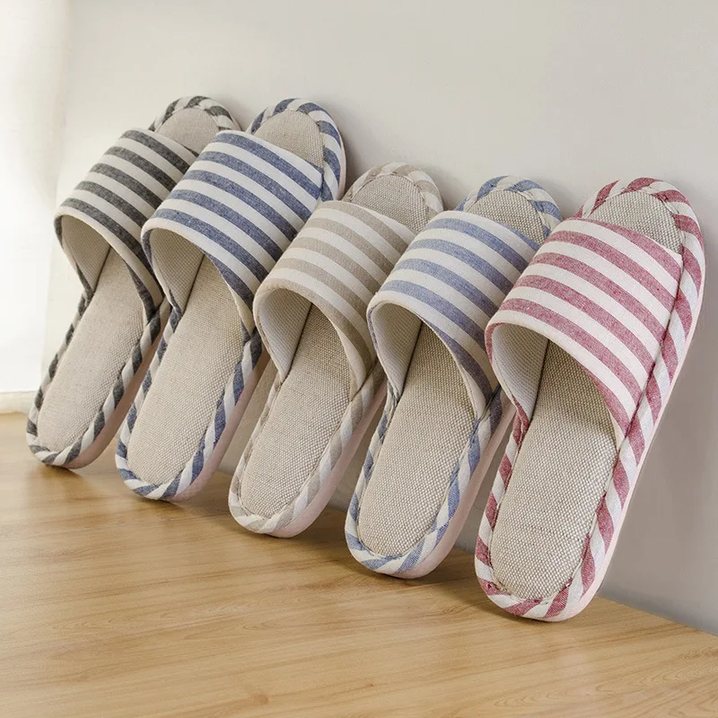 Домашние тапочки домашние льняные полосатые Нескользящие летние женские и
