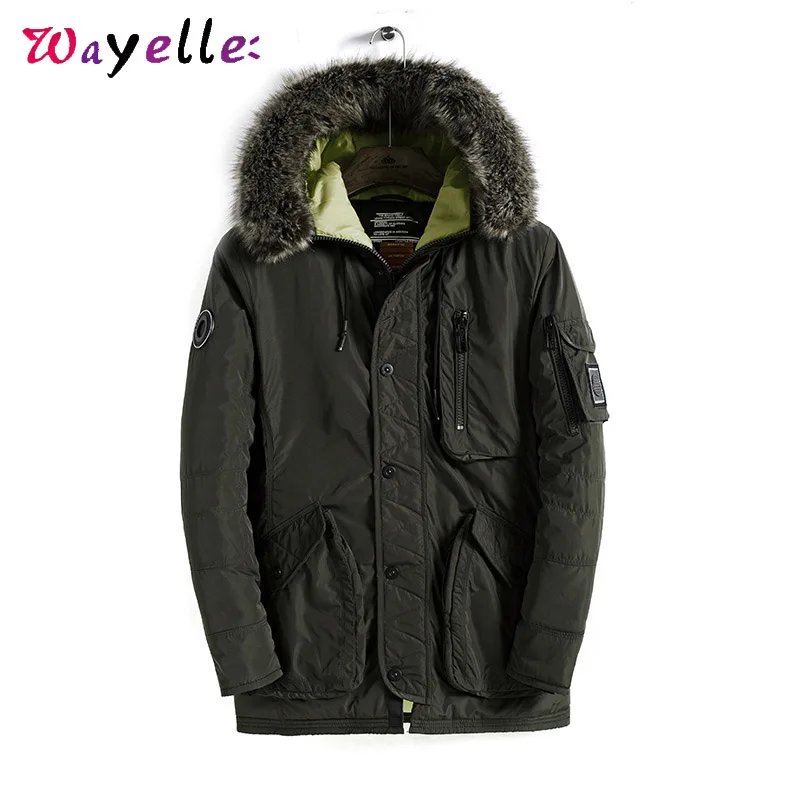 Мужское зимнее пальто с меховым воротником 2019 Толстая Теплая стеганая длинная
