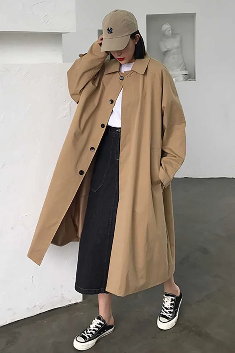 

Loose Oversize Black Chic Trench Coat Khaki Single-breasted Streetwear Casual Women's Coat Female Long Sleeve Pocket Windbreaker