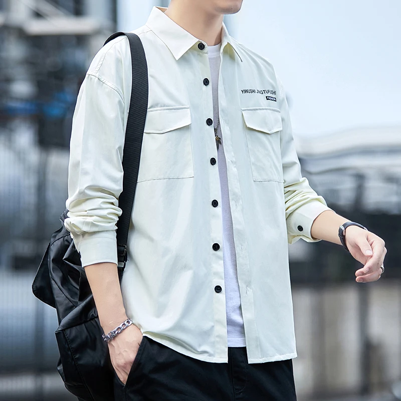 Men's long sleeve 100% cotton casual shirt front patch chest pocket regular fit button down collar work shirt