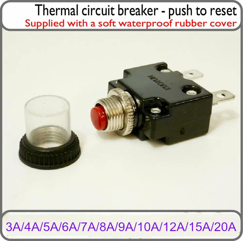 Interruptor de circuito térmico de 3A/4A/5A/6A/7A/8A/9A/10A/12A/15A/20A, botón rojo de fusible con tapa de goma impermeable, para casa, barco, autocaravana