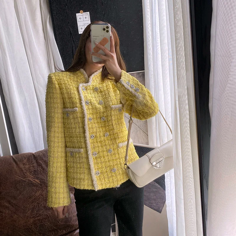 

Korean collar net red ins stand Rhinestone double row buckle wool tweed small coat women