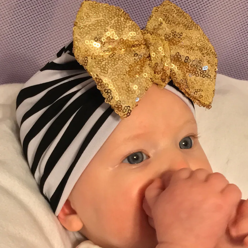 Повседневные зимние шапочки с блестками и бантом для новорожденных модные