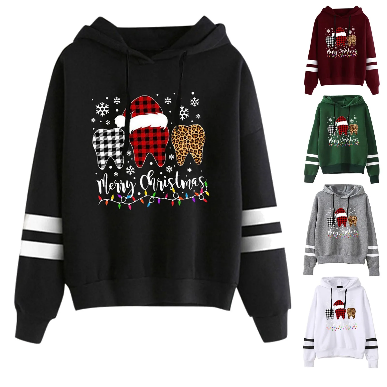 

Drawstring Sweatshirt Hooded Women Christmas Three Cartoon Teeth Long Sleeves Hoodies Winter Fall 2020 Women Clothing A20
