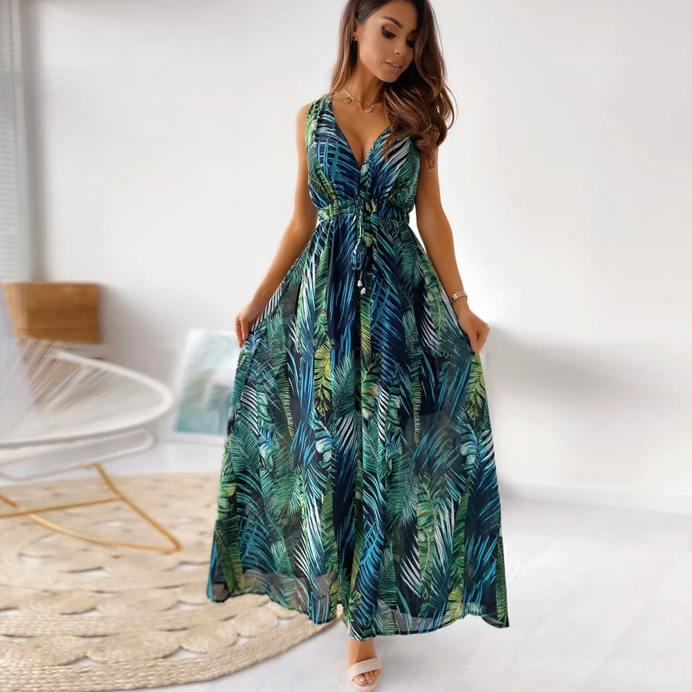 

Women's Maxi Dress Vintage Print Sleeveless Boho Beach Dress Bandage Backless Casual Dresses Wrap Vestidos Robe 2021 Fashion New