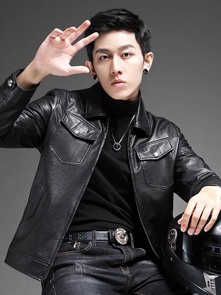 

Sheepskin Men Genuine Leather Clothes Fashion Casual Trendy Slim Fit Bikers Jacket Coat