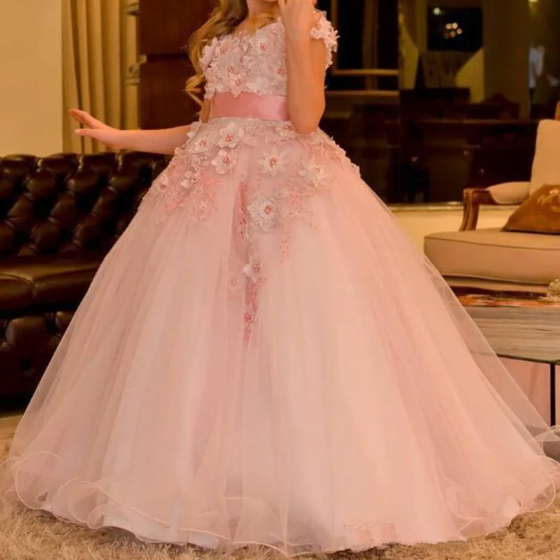 Blush Pink Arabic Flower Girl Dresses 3D Floral Appliques Pearls Child Wedding Dresses Vintage Little Girl Pageant Dresses