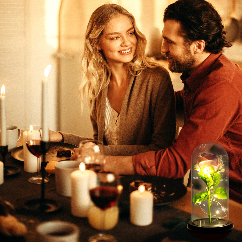 

New Artificial Eternal Rose LED Light In Glass Cover Christmas Home Decor For Girlfriend Mother Valentines Day New Year Gift