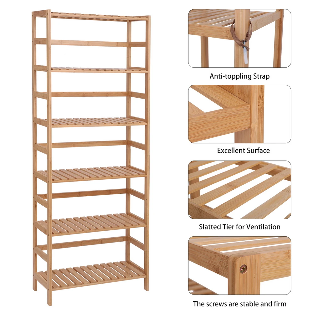 

Multi-Functional Adjustable 6-Layer Shelf Storage Rack 100% Bamboo Bookshelf Used In Living Room Study Bedroom Etc. 60x26x161CM