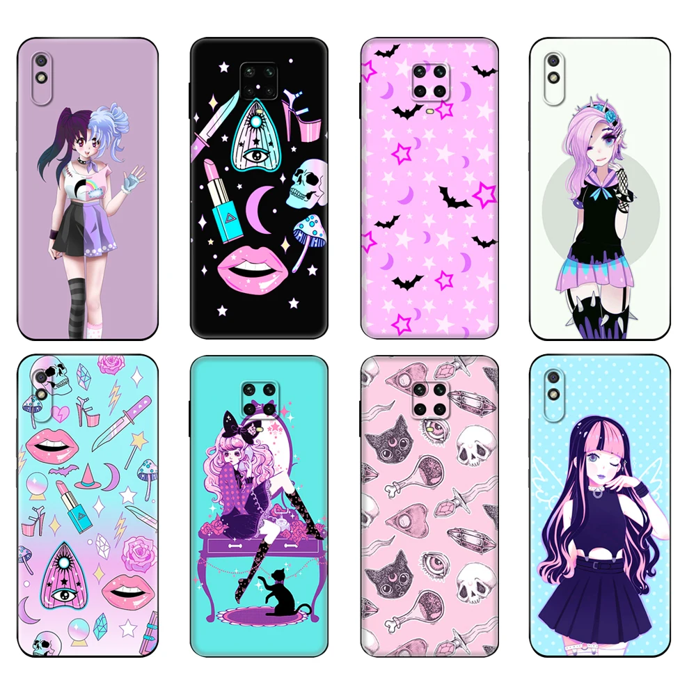 Черный чехол из ТПУ для Xiaomi Redmi 7A, 8, 8A, 9, 9A, 9C, чехол для Redmi Note 8T, 8 Pro, T, Note 9, 9S, пастель, Готическая девушка, летучие мыши, радуга, разные цвета