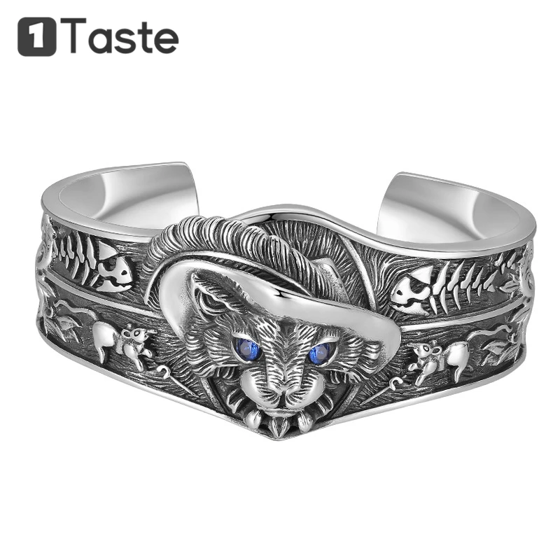 

ONE TASTE S925 Silver Handmade Carved Cat Bangle For Men Women Fine Jewel Fish Mouse Trendy Resizable Bangles Bracelet Gift