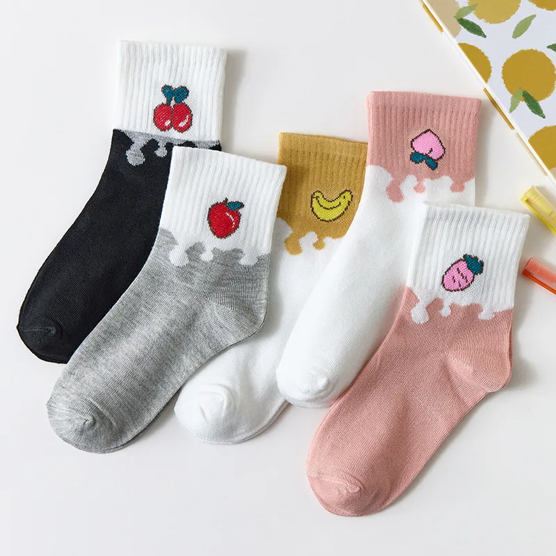 

5 Pairs Women's Socks Set Funny Happy Cream Fruit Harajuku Cute Cartoon Sport Socks Breathable Thin calcetines skarpetki damskie