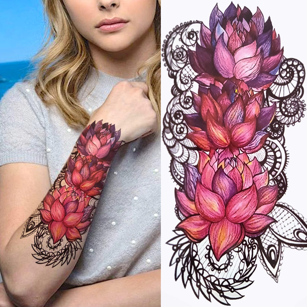 Сексуальный цветок лотоса, временная татуировка для женщин, черный дракон,  пион, хна, татуировка, наклейка, этнические искусственные татуировки на  предплечье, наклейка | AliExpress