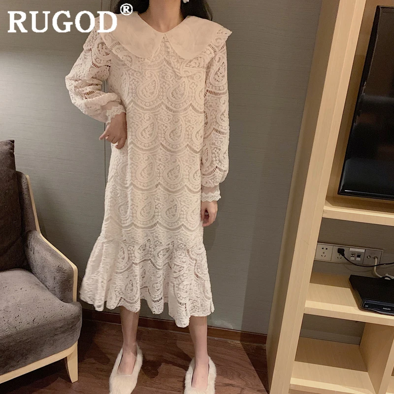 RUGOD элегантное однотонное женское платье с вырезом модное кружевное воротником в