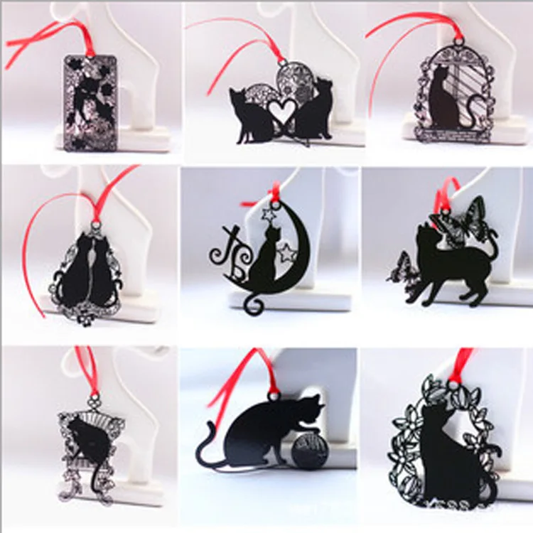 9 Pcs Black Cat Series  Black Baking Paint Stainless Steel Metal Bookmark Creative Chinese Style Student Gift