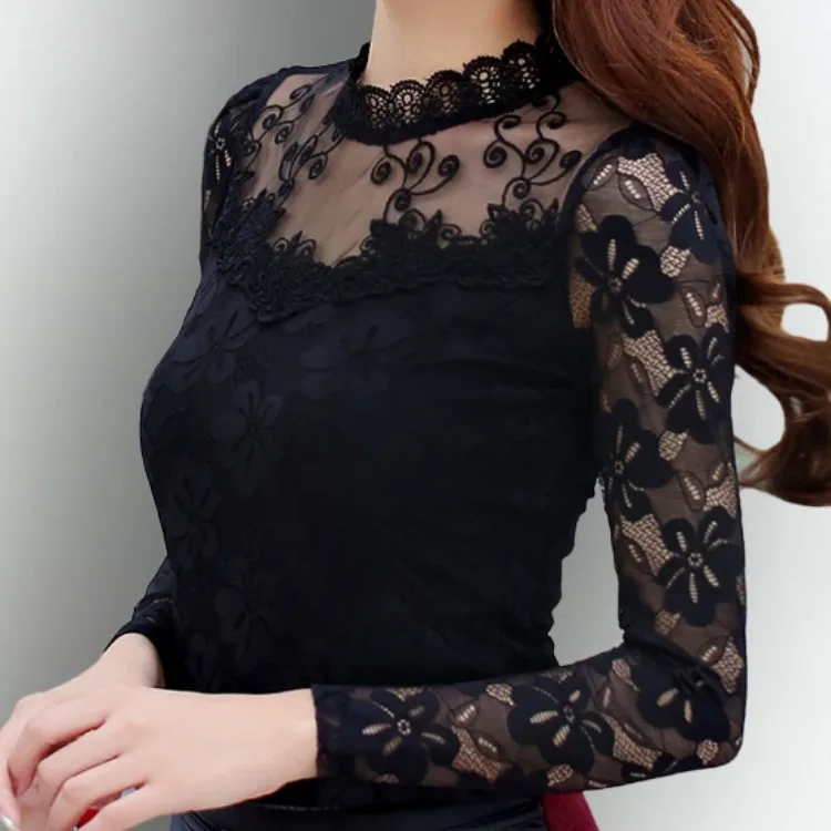 Женская кружевная блузка с длинным рукавом и воротником-стойкой |