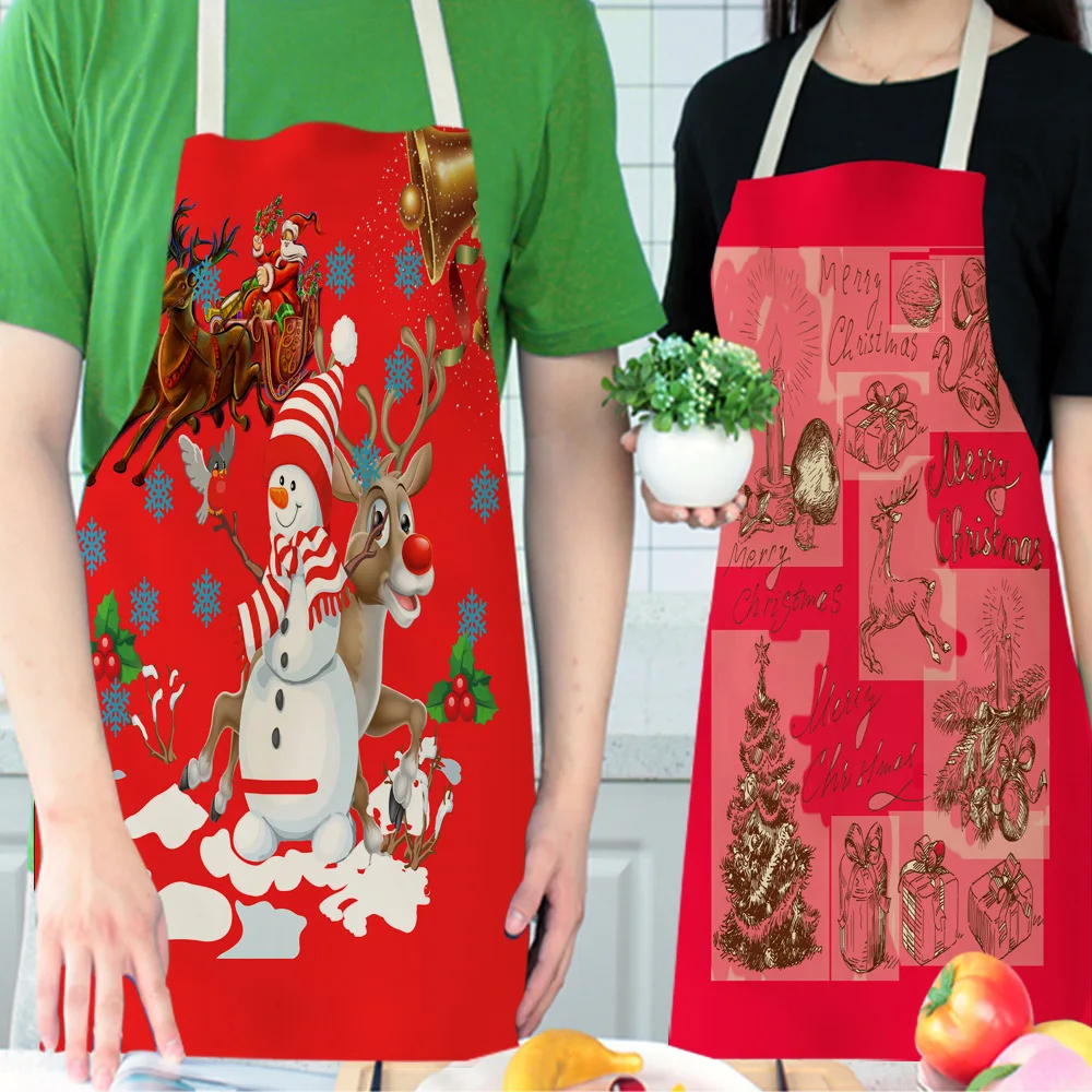 

High Quality Christmas Apron Fabric linen printed bodice overalls apron Home Cooking Baking Bibs Cleaning Tools