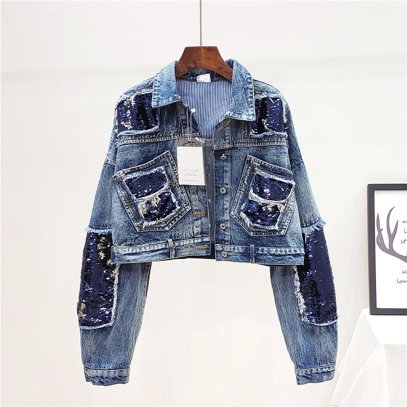 

Spring Autumn New Lapel Batwing Sleeve Single Breasted Sequins Short Loose Denim Jacket Fashion Coat Women Y1128