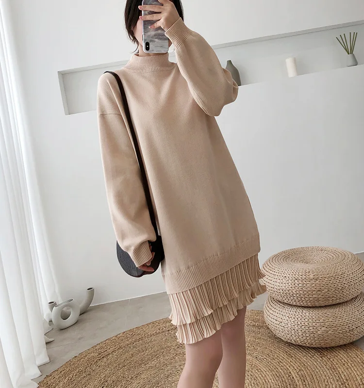 

Женское трикотажное платье-свитер средней длины, свободное трикотажное платье в Корейском стиле с плотным швом и плиссированным кружевным ...