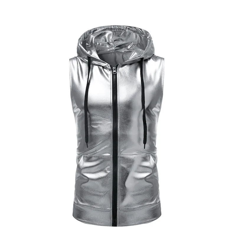 

Mens Shiny Gold Metallic Tank Top Men Nightclub DJ Prom Sleeveless Hoodie Tank Men Hip Hop Zipper Tops Tees Stage Singer Costume