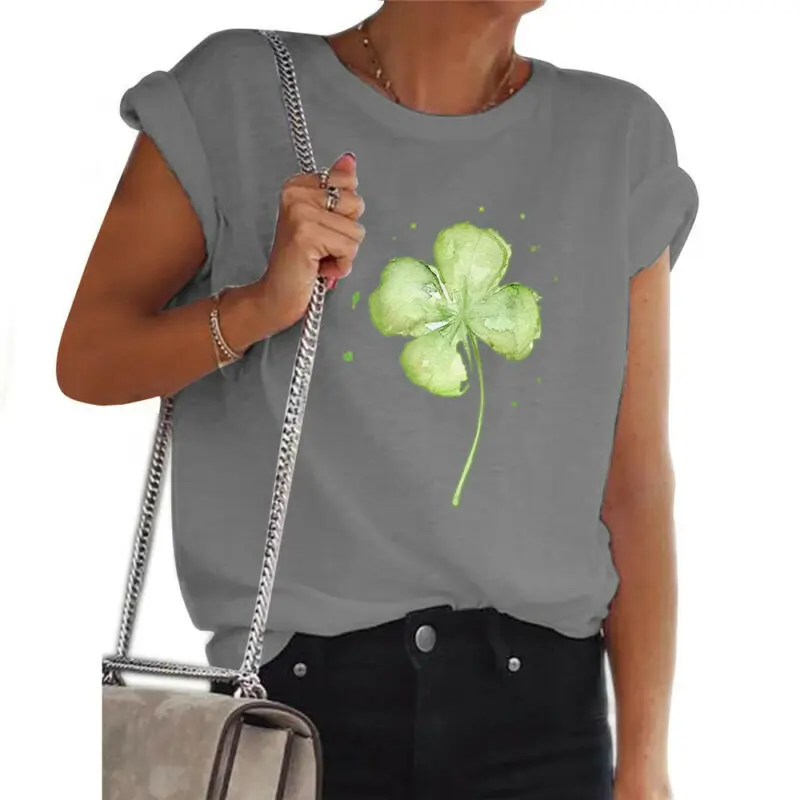 

Женская летняя рубашка с коротким рукавом и круглым вырезом, с принтом клевера