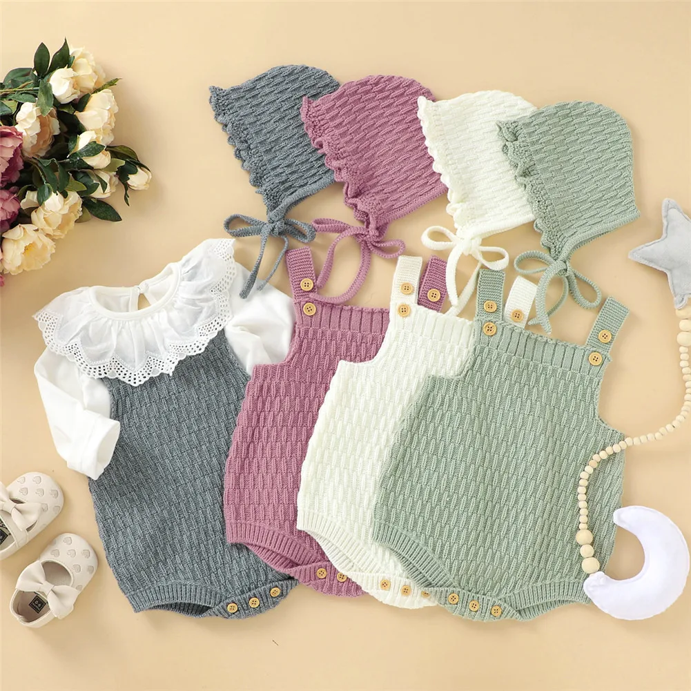 

2 Pcs Baby Knitted Romper Set Sleeveless Button One-Piece Casual Baby Girl Clothes Jumpsuit with Solid Hat
